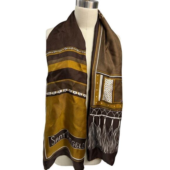 VTG Giorgio Di Sant' ANGELO Brown Gold Silk Scarf Fringe Print Oblong 70s Unisex - Picture 5 of 6